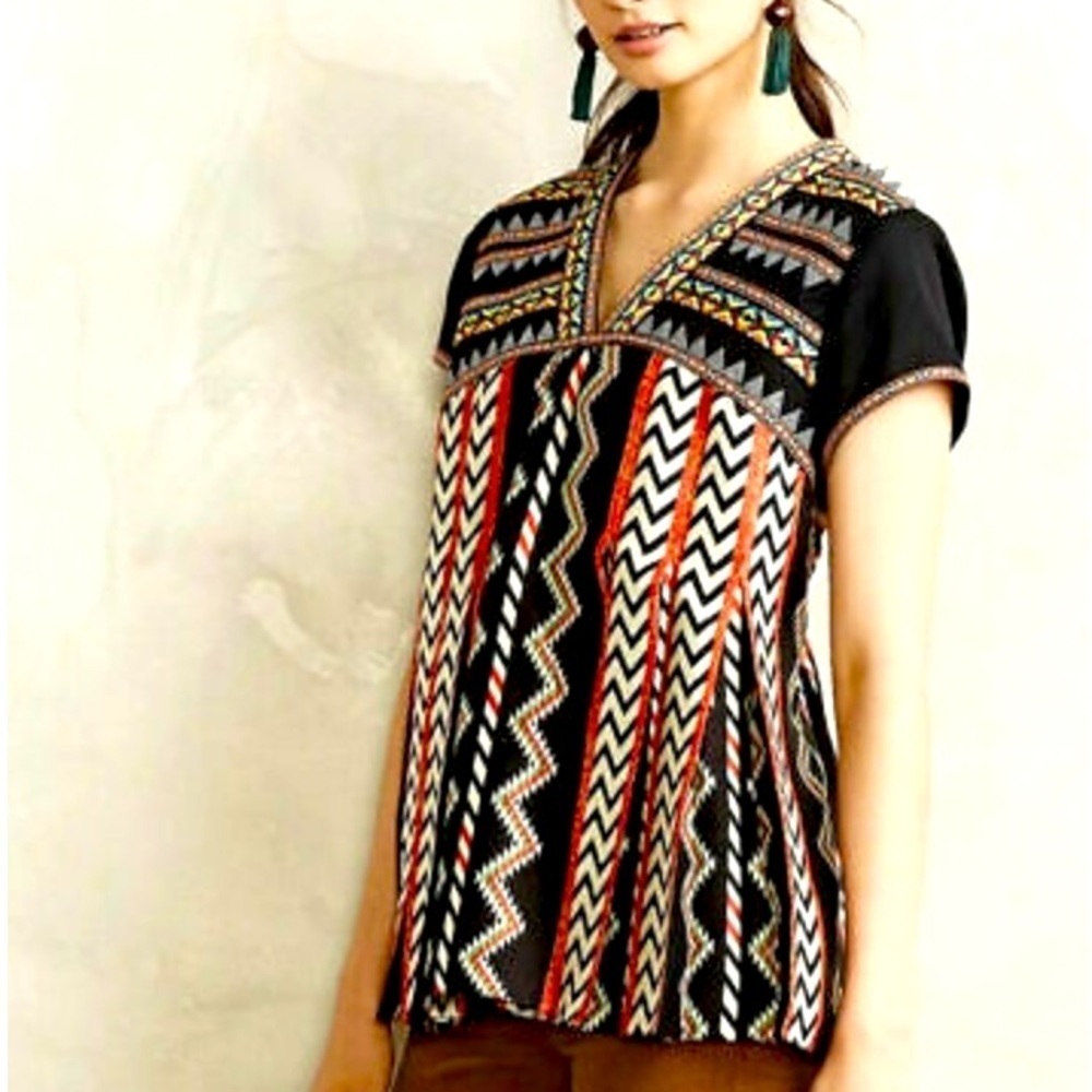 Ranna Gill Anthropogie Multicolor Embroidered Tribal Aztec Boho Boxy Top